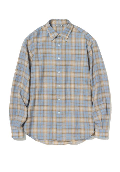 airy wool check uomo shirt light blue and beige AURALEE | A25AS01WNLIGHT BLUE BEIGE